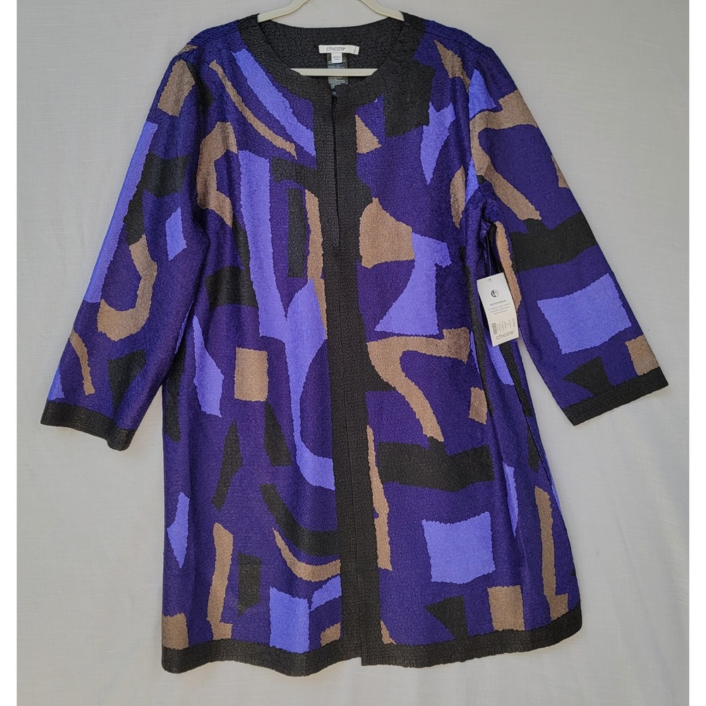 Chicos Kimono Reversible Jacket Sz 3 XL Black Purple Tan Geometric Textured NWT